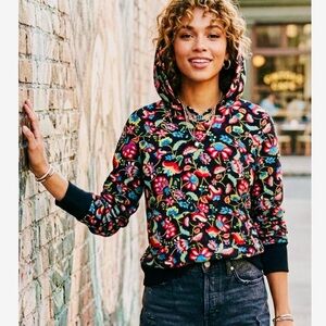 MASSEYS Women’s Whimsical Garden Hoodie Black Floral Knit Sweater Size Large
